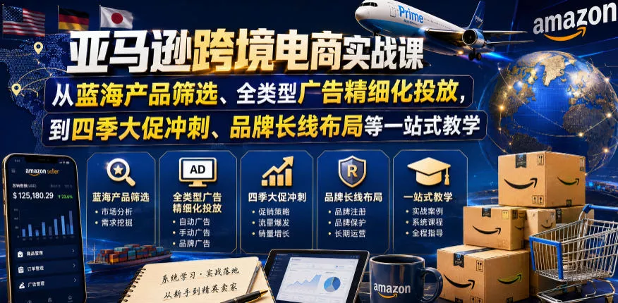 亚马逊跨境电商实战课,从蓝海产品筛选、全类型广告精细化投放,到四季大促冲刺、品牌长线布局等一站式教学 亚马逊跨境电商实战课,从蓝海产品筛选、全类型广告精细化投放,到四季大促冲刺、品牌长线布局等一站式教学