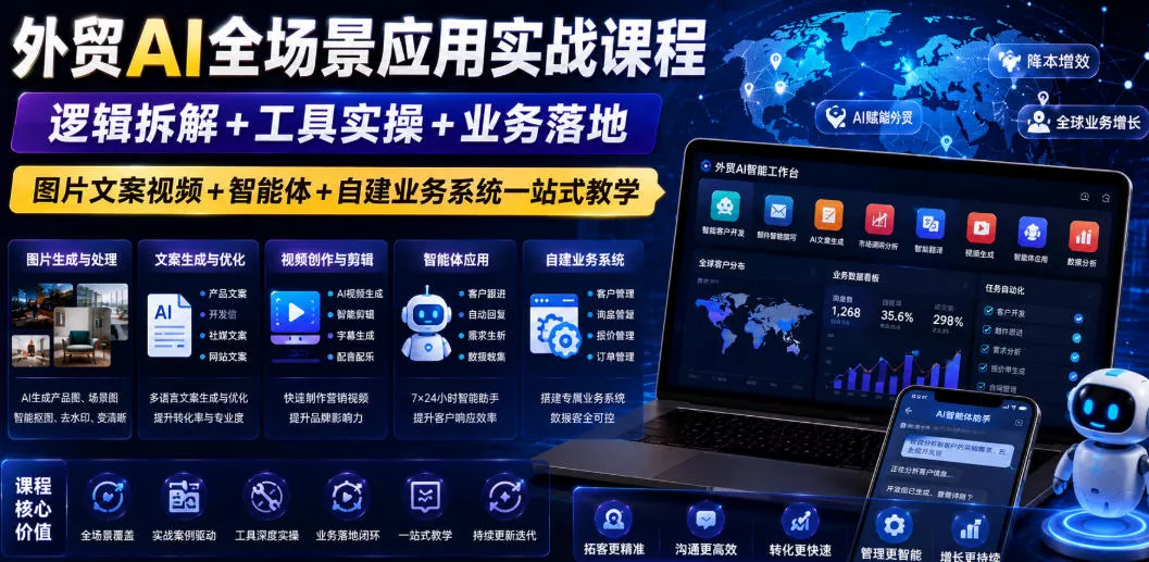 外贸AI全场景应用实战课程｜逻辑拆解+工具实操+业务落地，图片文案视频+智能体+自建业务系统一站式教学 - 项目资源网