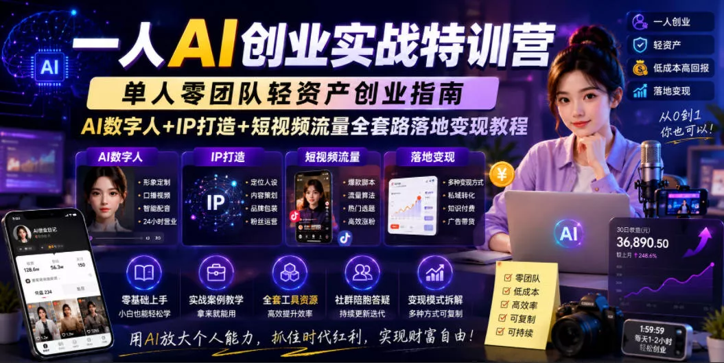 一人AI创业实战特训营，单人零团队轻资产创业指南，AI数字人+IP打造+短视频流量全套路落地变现教程 - 项目资源网