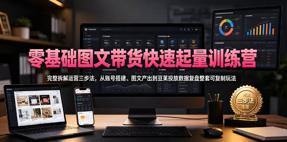 零基础图文带货快速起量训练营，完整拆解运营三步法，从账号搭建、图文产出到豆荚投放数据复盘整套可复制玩法 - 项目资源网