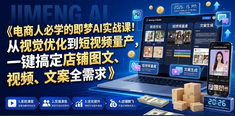 电商人必学的即梦AI实战课!从视觉优化到短视频量产,一键搞定店铺图文、视频、文案全需求 电商人必学的即梦AI实战课!从视觉优化到短视频量产,一键搞定店铺图文、视频、文案全需求