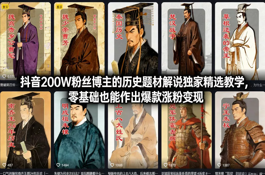 抖音200W粉丝博主的历史题材解说独家精选教学，零基础也能作出爆款涨粉变现 - 项目资源网