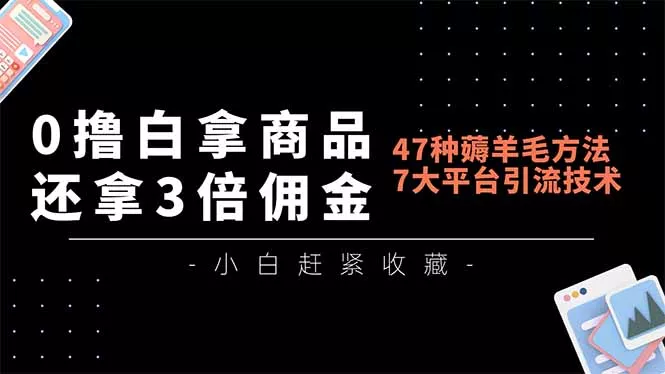 0撸白拿商品，还拿3倍佣金，47种薅羊毛方法，7大平台全方位引流技术教学，精专月入过万 - 项目资源网