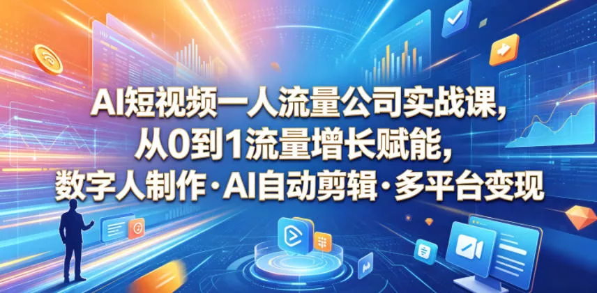 AI短视频一人流量公司实战课，从0到1流量增长赋能，数字人制作・AI自动剪辑・多平台变现，一人做流量生意全落地教程 - 项目资源网