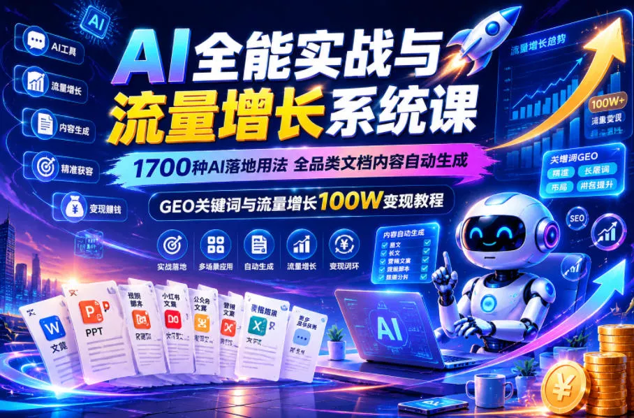 AI全能实战与流量增长系统课,1700种AI落地用法,全品类文档内容自动生成,GEO关键词与流量增长100W变现教程 AI全能实战与流量增长系统课,1700种AI落地用法,全品类文档内容自动生成,GEO关键词与流量增长100W变现教程