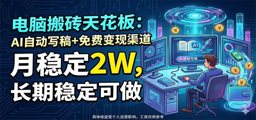 电脑搬砖天花板：AI自动写稿+免费变现渠道，月稳定2W，长期稳定可做 - 项目资源网