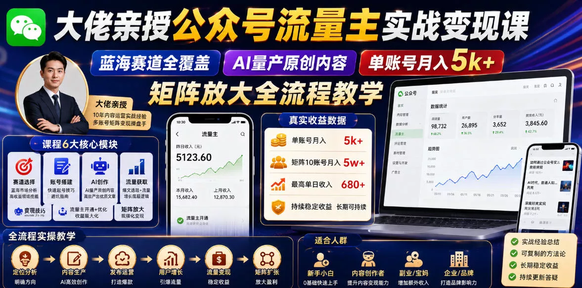 大佬亲授公众号流量主实战变现课,蓝海赛道全覆盖,AI量产原创内容,单账号月入5k+矩阵放大全流程教学 大佬亲授公众号流量主实战变现课,蓝海赛道全覆盖,AI量产原创内容,单账号月入5k+矩阵放大全流程教学