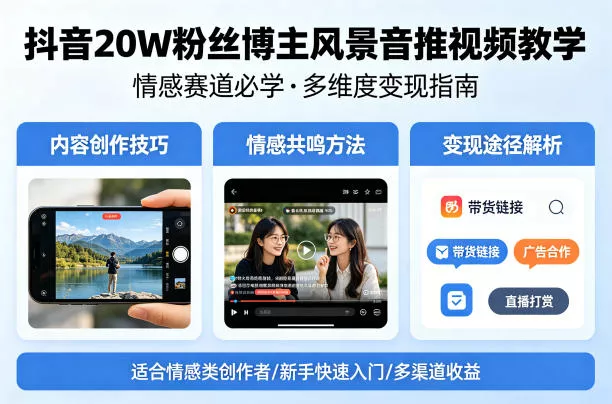 抖音20W粉丝博主风景音推视频教学,情感赛道必学,各种变现途径 抖音20W粉丝博主风景音推视频教学,情感赛道必学,各种变现途径