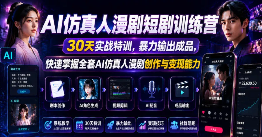 AI仿真人漫剧短剧训练营,30天实战特训,暴力输出成品,快速掌握全套AI仿真人漫剧创作与变现能力 AI仿真人漫剧短剧训练营,30天实战特训,暴力输出成品,快速掌握全套AI仿真人漫剧创作与变现能力