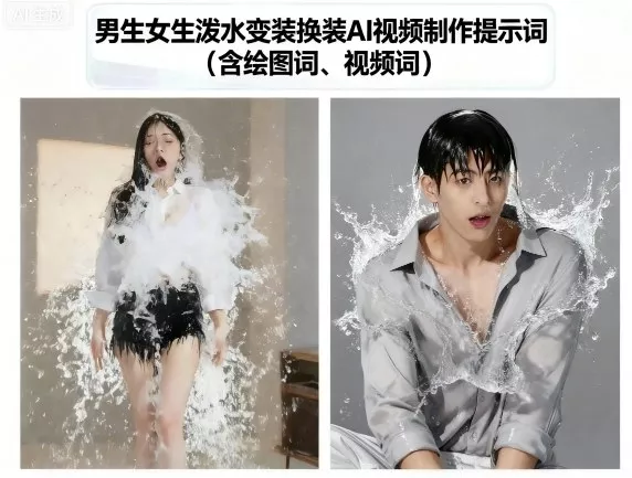 男生女生泼水变装换装AI视频制作提示词(含绘图词、视频词) - 项目资源网