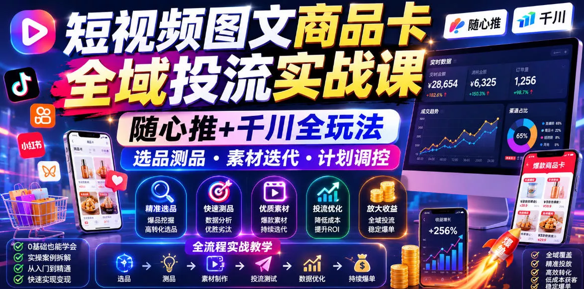 短视频图文商品卡全域投流实战课,随心推+千川全玩法,选品测品・素材迭代・计划调控,提升ROI爆单增收教程 短视频图文商品卡全域投流实战课,随心推+千川全玩法,选品测品・素材迭代・计划调控,提升ROI爆单增收教程
