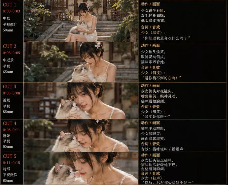 美女和猫故事提示词,人物一致性提示词+故事板 美女和猫故事提示词,人物一致性提示词+故事板