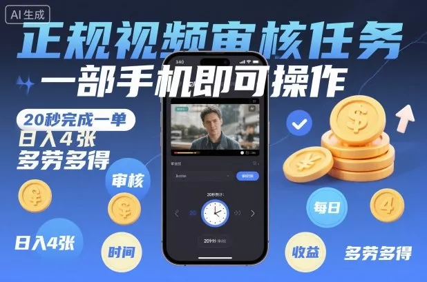 正规视频审核任务,一部手机即可操作,20秒完成一单,日入4张,多劳多得【揭秘】