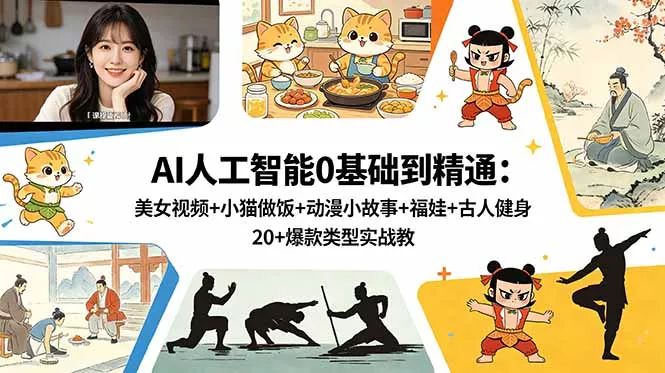 AI人工智能0基础到精通:美女视频+小猫做饭+动漫小故事+福娃+古人健身,20+爆款类型实战教学 AI人工智能0基础到精通:美女视频+小猫做饭+动漫小故事+福娃+古人健身,20+爆款类型实战教学