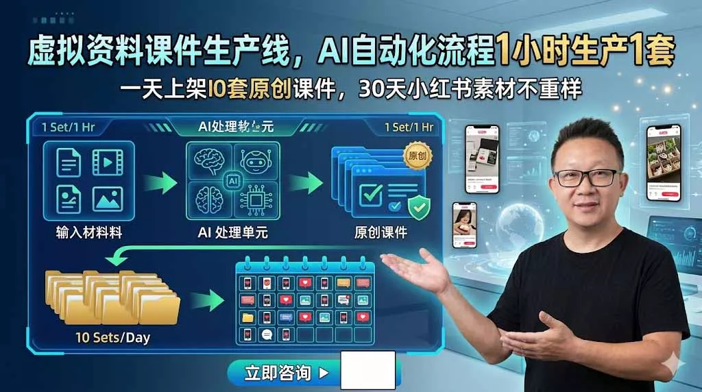 虚拟资料课件生产线，AI自动化流程1小时生产1套，一天上架10套原创课件，30天小红书素材不重样 - 项目资源网