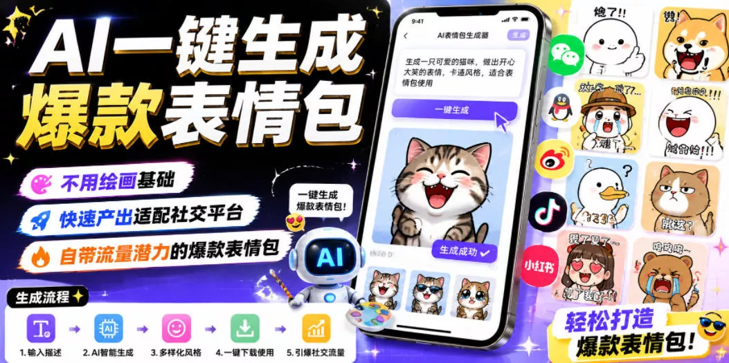 AI一键生成爆款表情包,不用绘画基础,快速产出适配社交平台,自带流量潜力的爆款表情包 AI一键生成爆款表情包,不用绘画基础,快速产出适配社交平台,自带流量潜力的爆款表情包