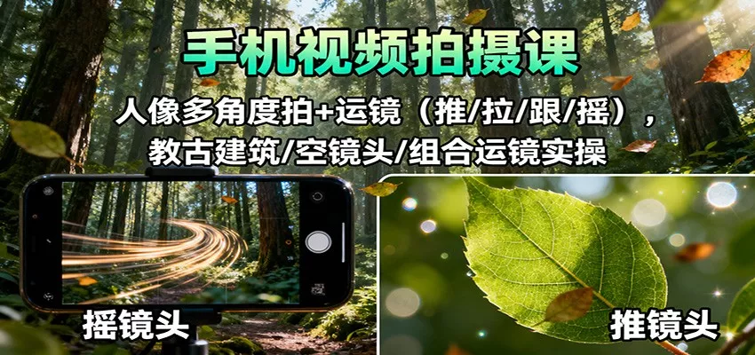 手机视频拍摄课：人像多角度拍+运镜(推/拉/跟/摇)，古建筑/空镜头/组合运镜实操 - 项目资源网