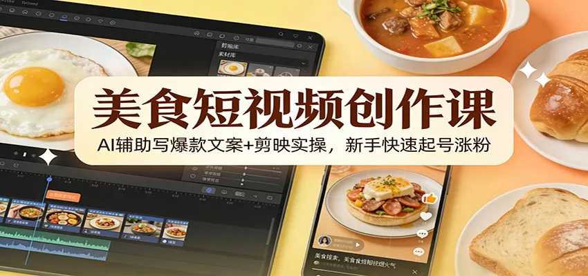 美食短视频创作课：AI辅助写爆款文案+剪映实操，新手快速起号涨粉 - 项目资源网