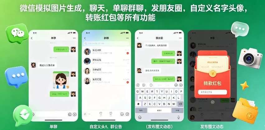 微信模拟图片生成，聊天，单聊群聊，发朋友圈，自定义名字头像，转账红包等所有功能都可以生成 - 项目资源网
