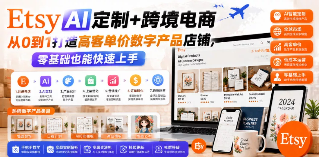 Etsy AI定制+跨境电商,从0到1打造高客单价数字产品店铺,零基础也能快速上手 Etsy AI定制+跨境电商,从0到1打造高客单价数字产品店铺,零基础也能快速上手