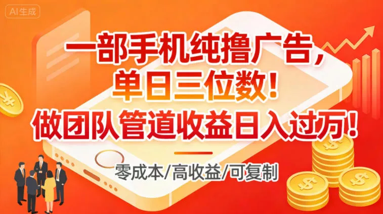 一部手机纯撸广告，单日三位数，做团队管道收益日入过1W - 项目资源网