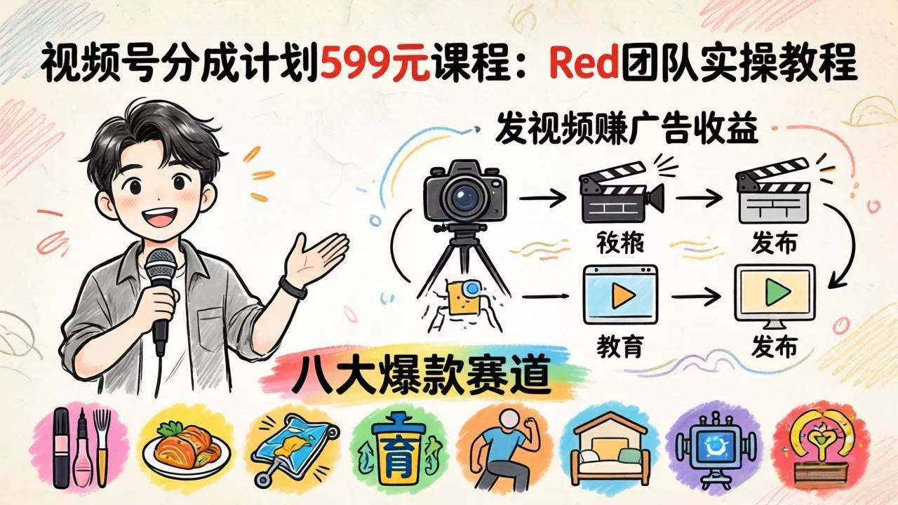视频号分成计划599元课程:Red团队实操教程,发视频赚广告收益,八大爆款赛道全掌握 视频号分成计划599元课程:Red团队实操教程,发视频赚广告收益,八大爆款赛道全掌握