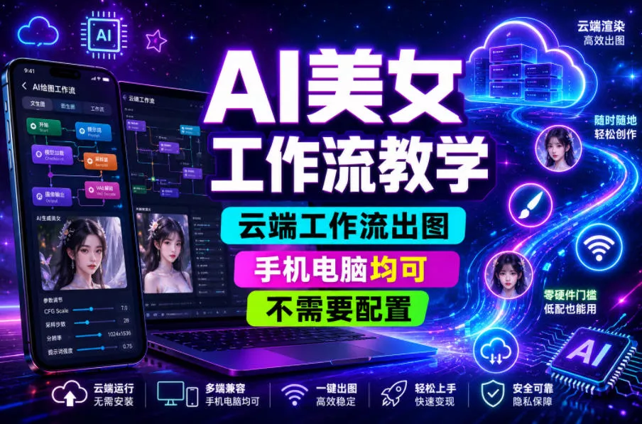 AI美女工作流教学,云端工作流出图,手机电脑均可,不需要配置,快速起号涨粉 AI美女工作流教学,云端工作流出图,手机电脑均可,不需要配置,快速起号涨粉