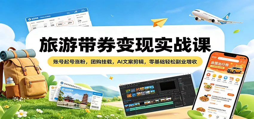 旅游带券变现实战课：账号起号涨粉，团购挂载，AI文案剪辑，零基础轻松副业增收 - 项目资源网