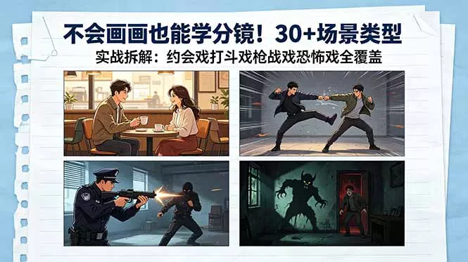 不会画画也能学分镜!30+场景类型实战拆解:约会戏打斗戏枪战戏恐怖戏全覆盖 不会画画也能学分镜!30+场景类型实战拆解:约会戏打斗戏枪战戏恐怖戏全覆盖