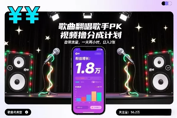 歌曲翻唱歌手PK视频撸分成计划，自带流量，一天两小时，日入2张 - 项目资源网