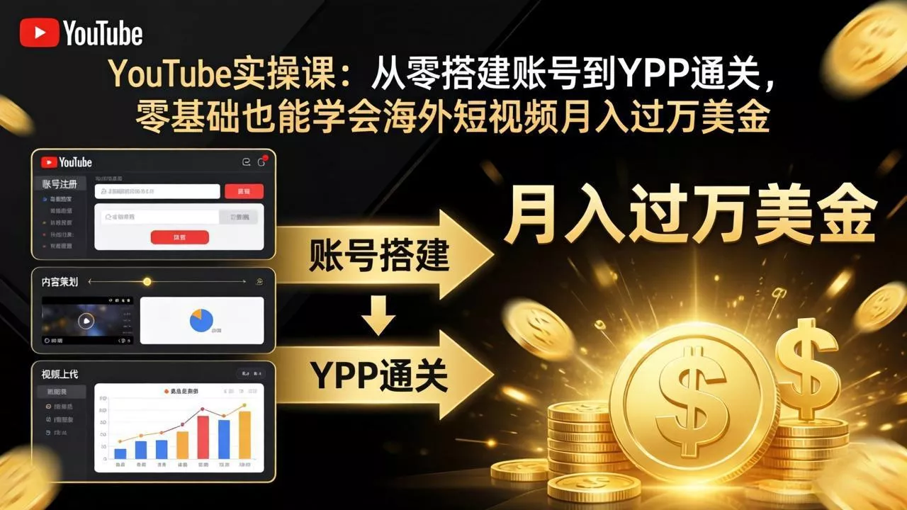 YouTube实操课：从零搭建账号到YPP通关，零基础也能学会海外短视频月入过万美金 - 项目资源网