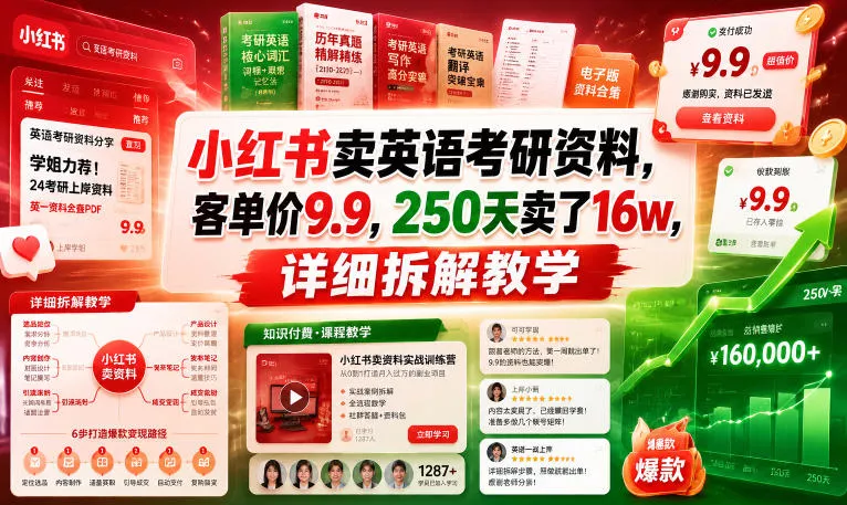 小红书卖英语考研资料，客单价9.9，250天卖了16w，详细拆解教学 - 项目资源网