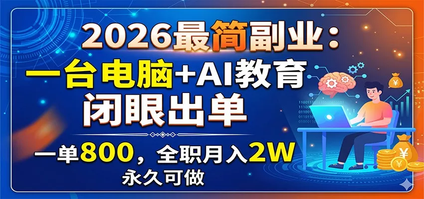 2026最简副业：一台电脑+AI教育，闭眼出单，一单800，全职月入2W，永久可做 - 项目资源网