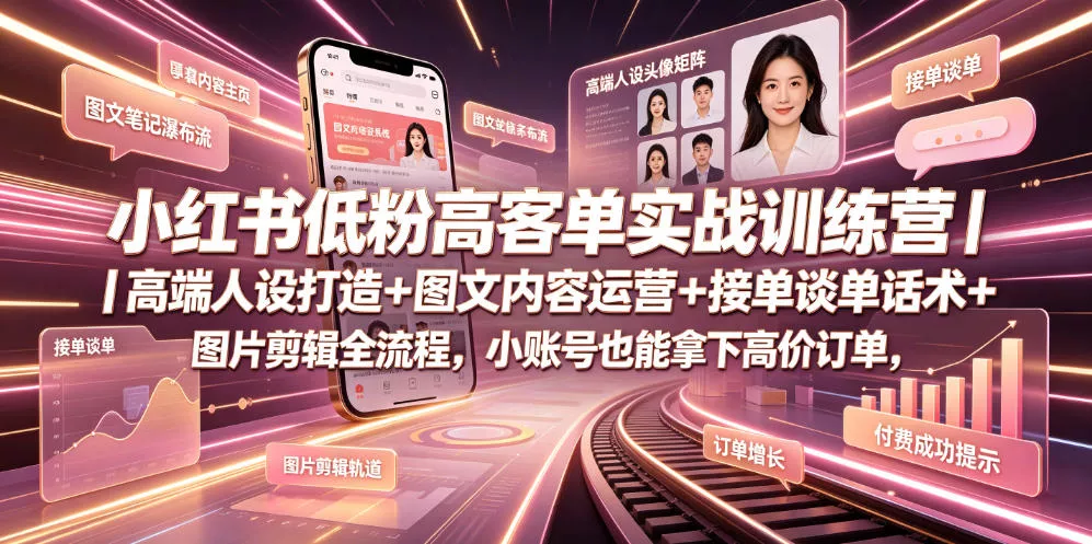 小红书低粉高客单实战训练营｜高端人设打造+图文内容运营+接单谈单话术+图片剪辑全流程，小账号也能拿下高价订单 - 项目资源网