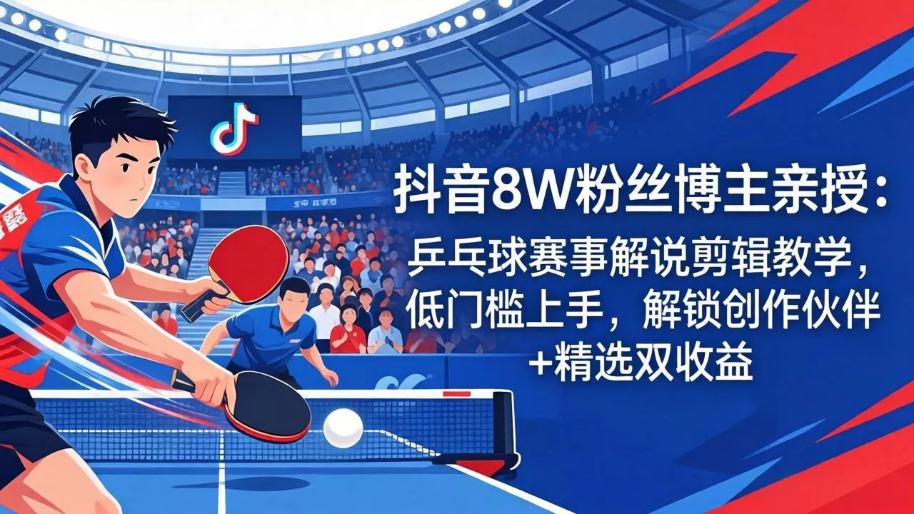 抖音8W粉丝博主亲授:乒乓球赛事解说剪辑教学,低门槛上手,解锁创作伙伴+精选双收益 抖音8W粉丝博主亲授:乒乓球赛事解说剪辑教学,低门槛上手,解锁创作伙伴+精选双收益