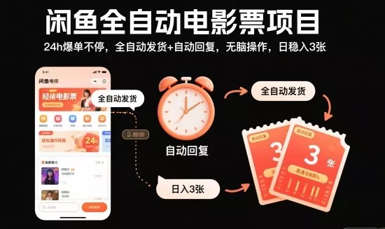 闲鱼全自动电影票项目,24h爆单不停,全自动发货+自动回复,无脑操作,日稳入3张【揭秘】