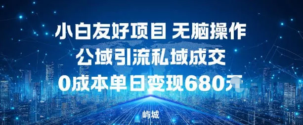 小白友好项目,无脑操作,公域引流私域成交,0成本单日变现680米