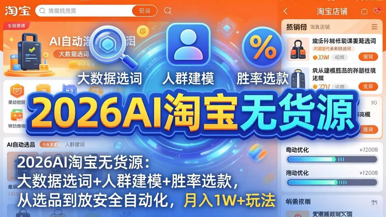 2026AI淘宝无货源-4月更新:大数据选词+人群建模+胜率选款,从选品到放大全自动化,月入1W+玩法 2026AI淘宝无货源-4月更新:大数据选词+人群建模+胜率选款,从选品到放大全自动化,月入1W+玩法
