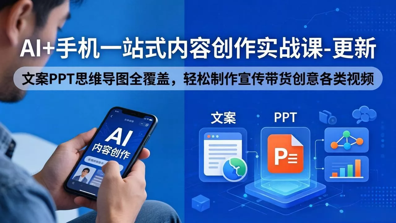 AI+手机一站式内容创作实战课-更新,文案PPT思维导图全覆盖,轻松制作宣传带货创意各类视频 AI+手机一站式内容创作实战课-更新,文案PPT思维导图全覆盖,轻松制作宣传带货创意各类视频