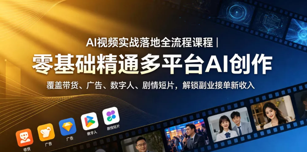 AI视频实战落地全流程课程|零基础精通多平台AI创作,覆盖带货、广告、数字人、剧情短片,解锁副业接单新收入 AI视频实战落地全流程课程|零基础精通多平台AI创作,覆盖带货、广告、数字人、剧情短片,解锁副业接单新收入