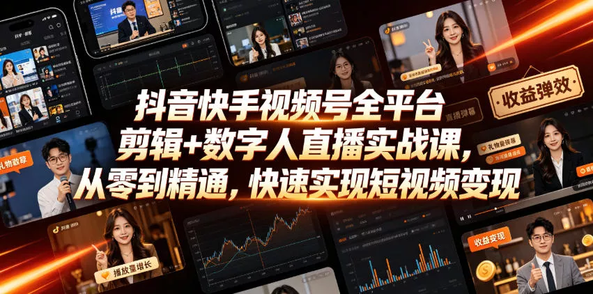 抖音快手视频号全平台剪辑+数字人直播实战课，从零到精通，快速实现短视频变现(更新2026年6月) - 项目资源网
