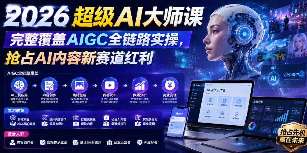 2026超级AI大师课,完整覆盖AIGC全链路实操,抢占AI内容新赛道红利 2026超级AI大师课,完整覆盖AIGC全链路实操,抢占AI内容新赛道红利