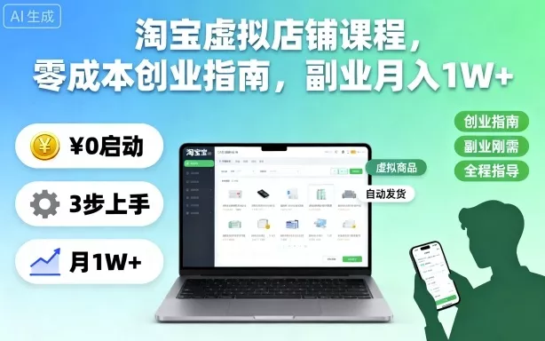 淘宝虚拟店铺课程，零成本创业指南，副业月入1W+ - 项目资源网