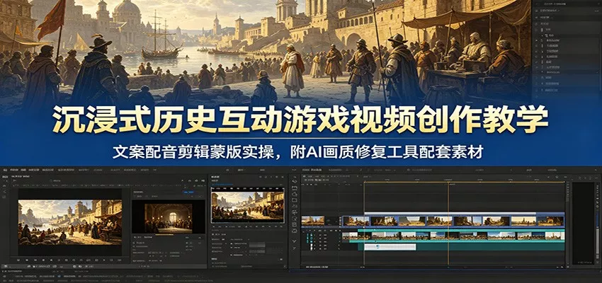 沉浸式历史互动游戏视频创作教学：文案配音剪辑蒙版实操，附AI画质修复工具配套素材 - 项目资源网