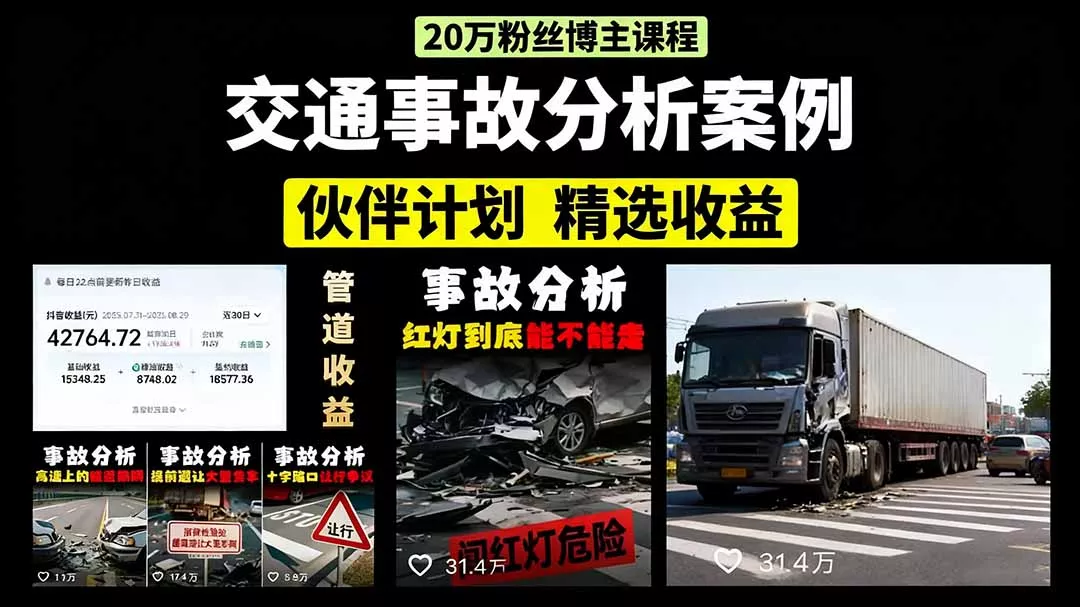交通事故分析案例短视频，剪辑技巧+文案模板+配音教学+快速起号 月收益2w+ - 项目资源网
