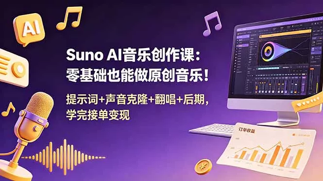 Suno AI音乐创作课：零基础也能做原创音乐！提示词+声音克隆+翻唱+后期，学完接单变现 - 项目资源网