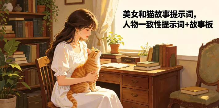 美女和猫故事提示词,人物一致性提示词+故事板 美女和猫故事提示词,人物一致性提示词+故事板