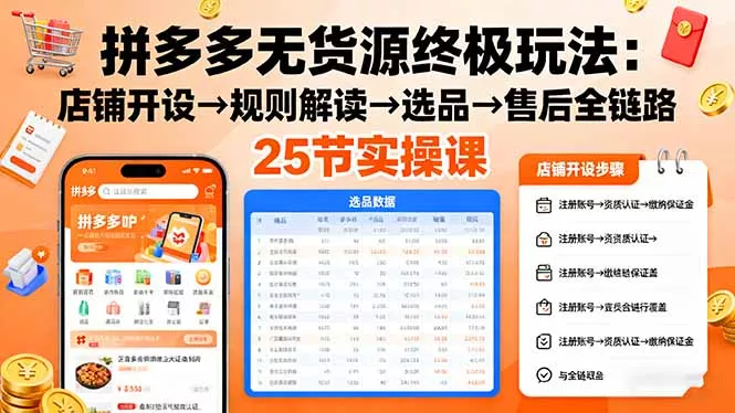 拼多多无货源终极玩法：店铺开设→规则解读→选品→售后全链路,25节实操课 - 项目资源网