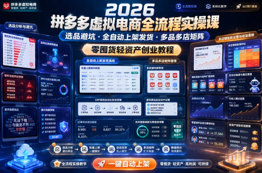 2026拼多多虚拟电商全流程实操课，选品避坑・全自动上架发货・多品多店矩阵，零囤货轻资产创业教程 - 项目资源网