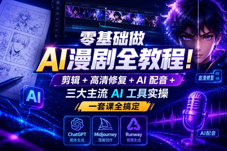 零基础做AI漫剧全教程!剪辑+高清修复+AI配音+三大主流AI工具实操,一套课全搞定 零基础做AI漫剧全教程!剪辑+高清修复+AI配音+三大主流AI工具实操,一套课全搞定